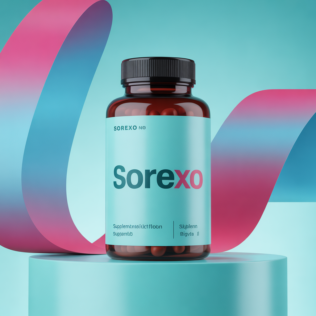 Sorexo supplement bottle with teal and magenta accent branding
